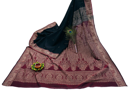 Indian Vintage Sari Maroon & Black Pure Cotton Hand Woven Sarees Craft Fabric 5yd Ethnic Crafting Upcycle Quilting Dress Making Quilting