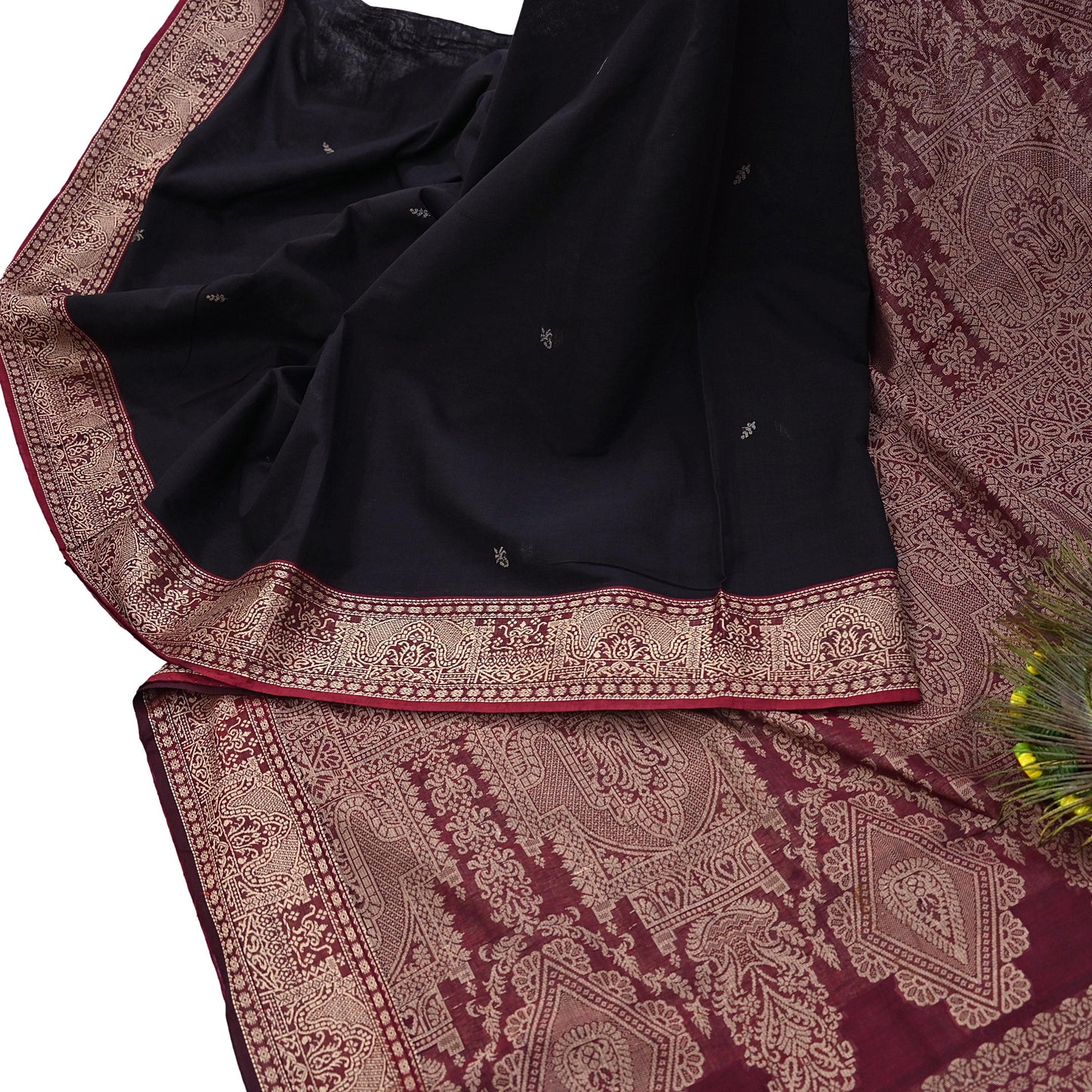 Indian Vintage Sari Maroon & Black Pure Cotton Hand Woven Sarees Craft Fabric 5yd Ethnic Crafting Upcycle Quilting Dress Making Quilting