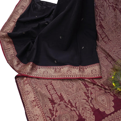 Indian Vintage Sari Maroon & Black Pure Cotton Hand Woven Sarees Craft Fabric 5yd Ethnic Crafting Upcycle Quilting Dress Making Quilting