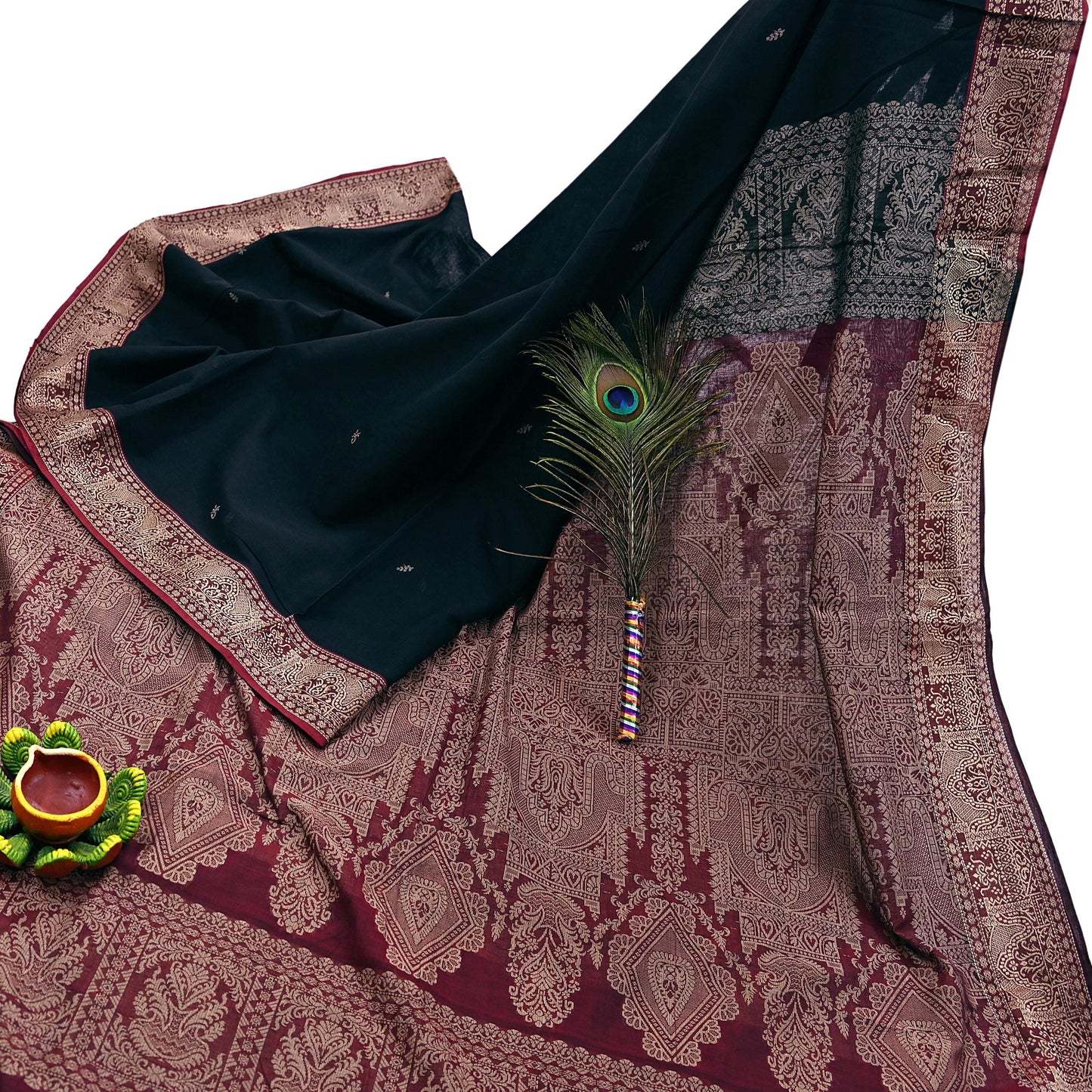 Indian Vintage Sari Maroon & Black Pure Cotton Hand Woven Sarees Craft Fabric 5yd Ethnic Crafting Upcycle Quilting Dress Making Quilting