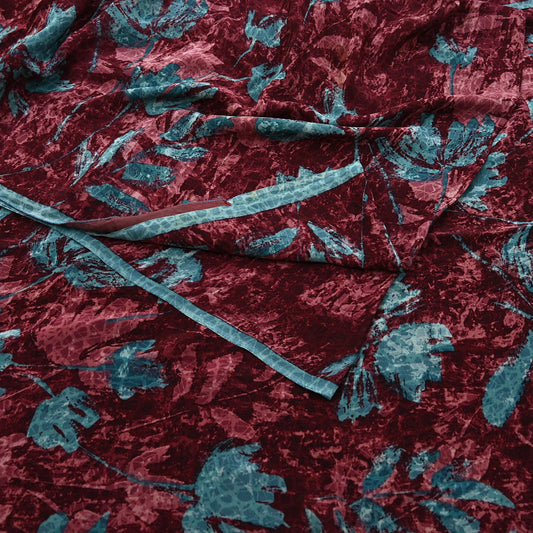 Indian Vintage Sari Maroon Pure Crepe Silk Block Printed Saree 5yard Sewing Quilting Floral Soft Craft Fabric Wrap
