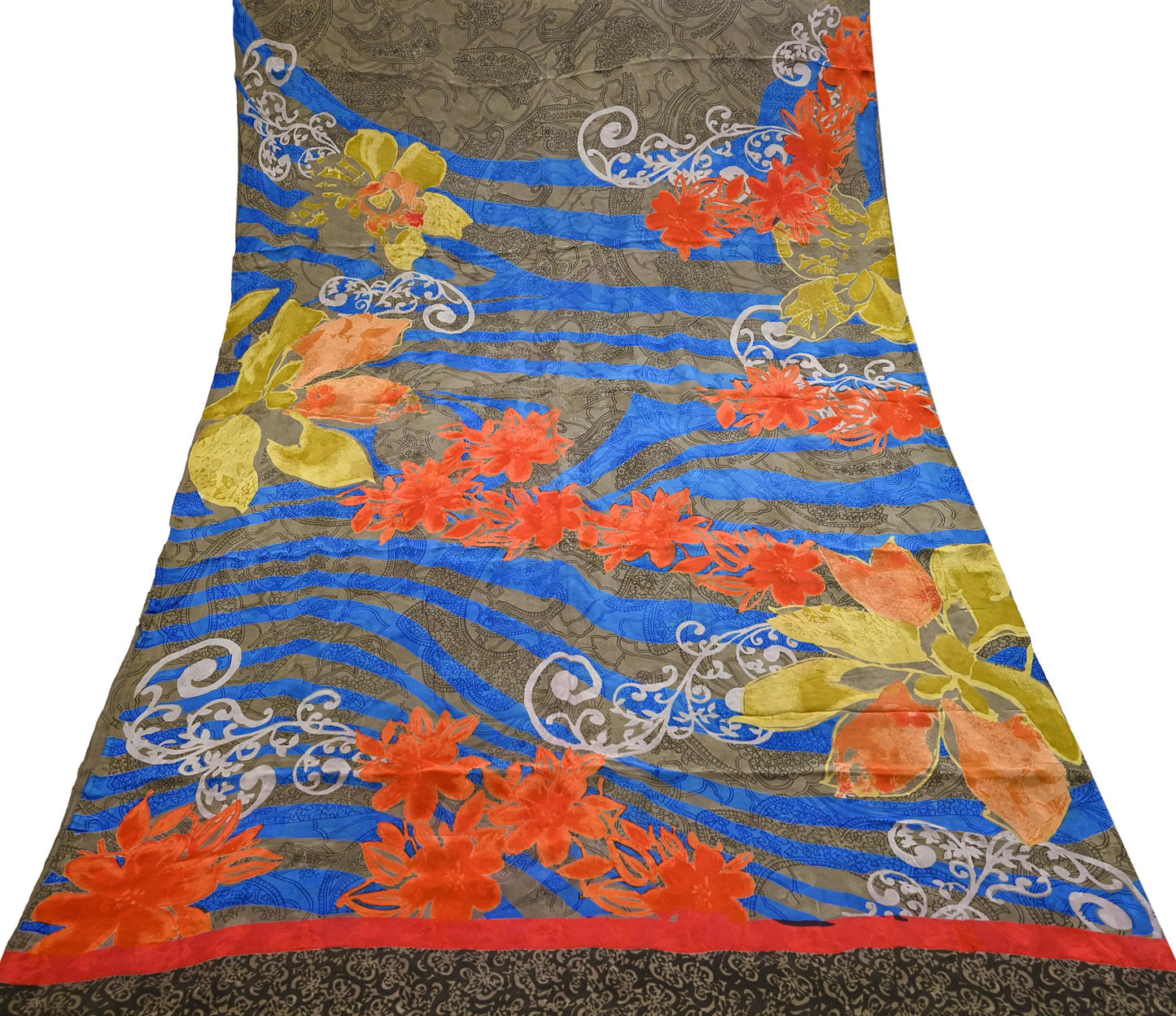 Indian Vintage Green & Multi Pure Crepe Silk Saree Floral Print 5 Yards Soft Sewing Fabric for Dressmaking, Quilting, Crafting Upcycling