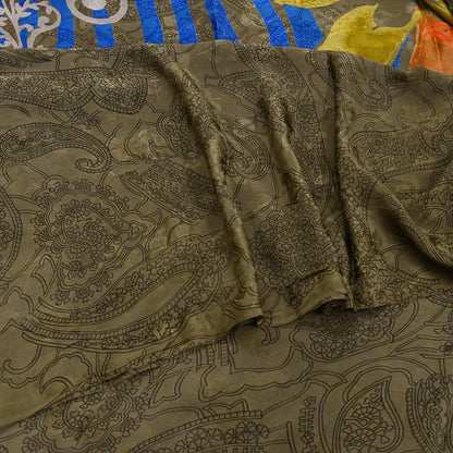 Indian Vintage Green & Multi Pure Crepe Silk Saree Floral Print 5 Yards Soft Sewing Fabric for Dressmaking, Quilting, Crafting Upcycling