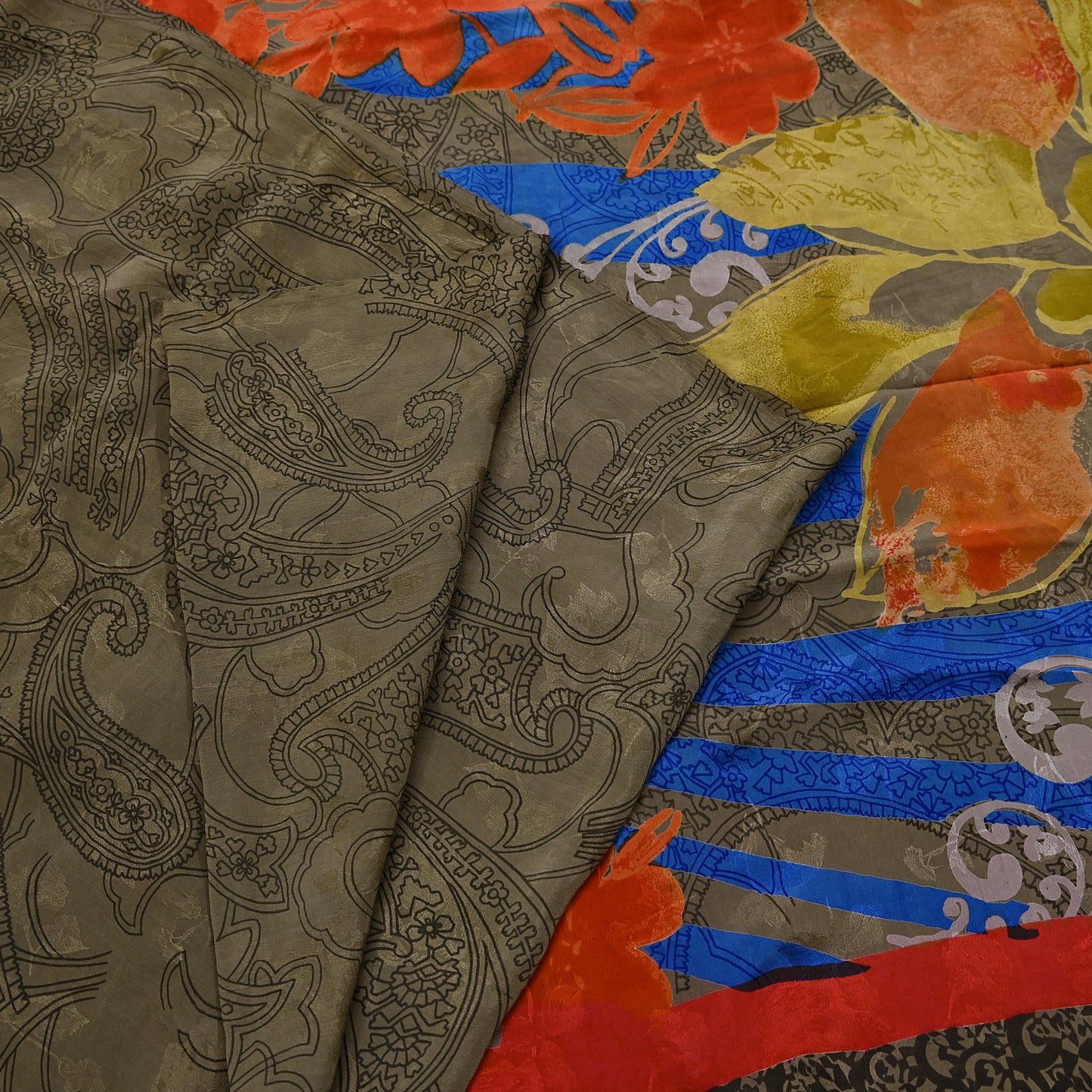 Indian Vintage Green & Multi Pure Crepe Silk Saree Floral Print 5 Yards Soft Sewing Fabric for Dressmaking, Quilting, Crafting Upcycling