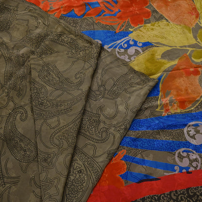 Indian Vintage Green & Multi Pure Crepe Silk Saree Floral Print 5 Yards Soft Sewing Fabric for Dressmaking, Quilting, Crafting Upcycling