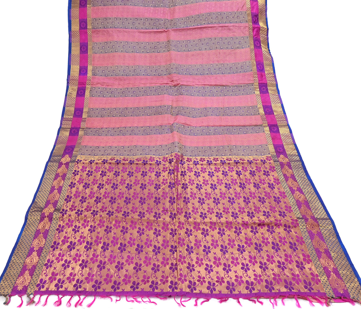 Vintage Kanjivaram Silk Saree Multi Pure Silk Zari Fabric Indian Handwoven 5Yd Craft Material Dressmaking Textile