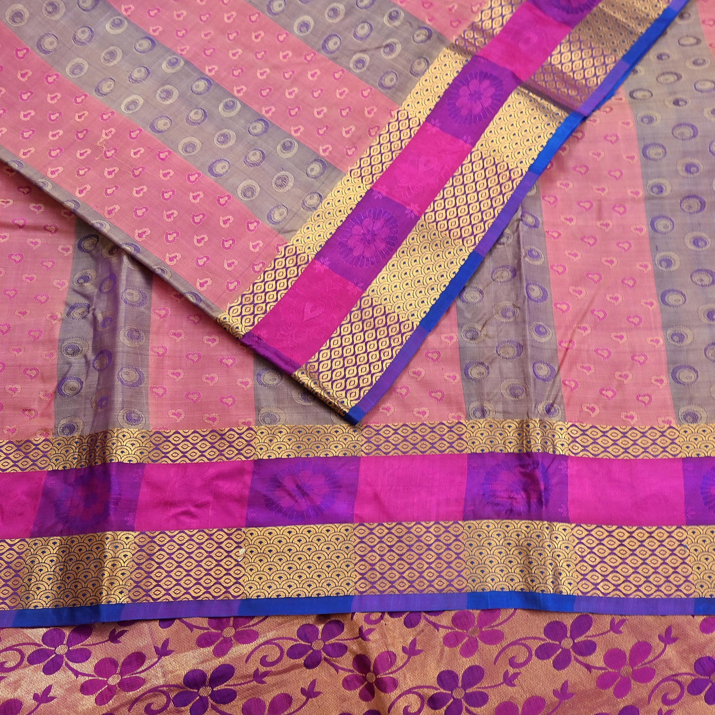 Vintage Kanjivaram Silk Saree Multi Pure Silk Zari Fabric Indian Handwoven 5Yd Craft Material Dressmaking Textile