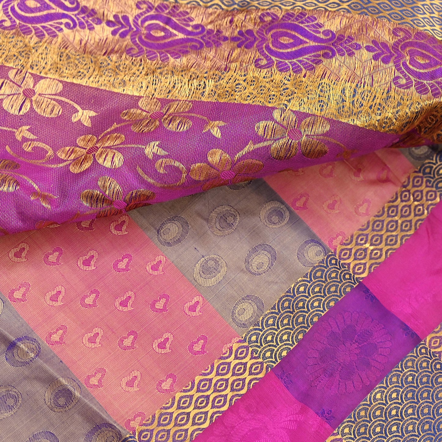 Vintage Kanjivaram Silk Saree Multi Pure Silk Zari Fabric Indian Handwoven 5Yd Craft Material Dressmaking Textile