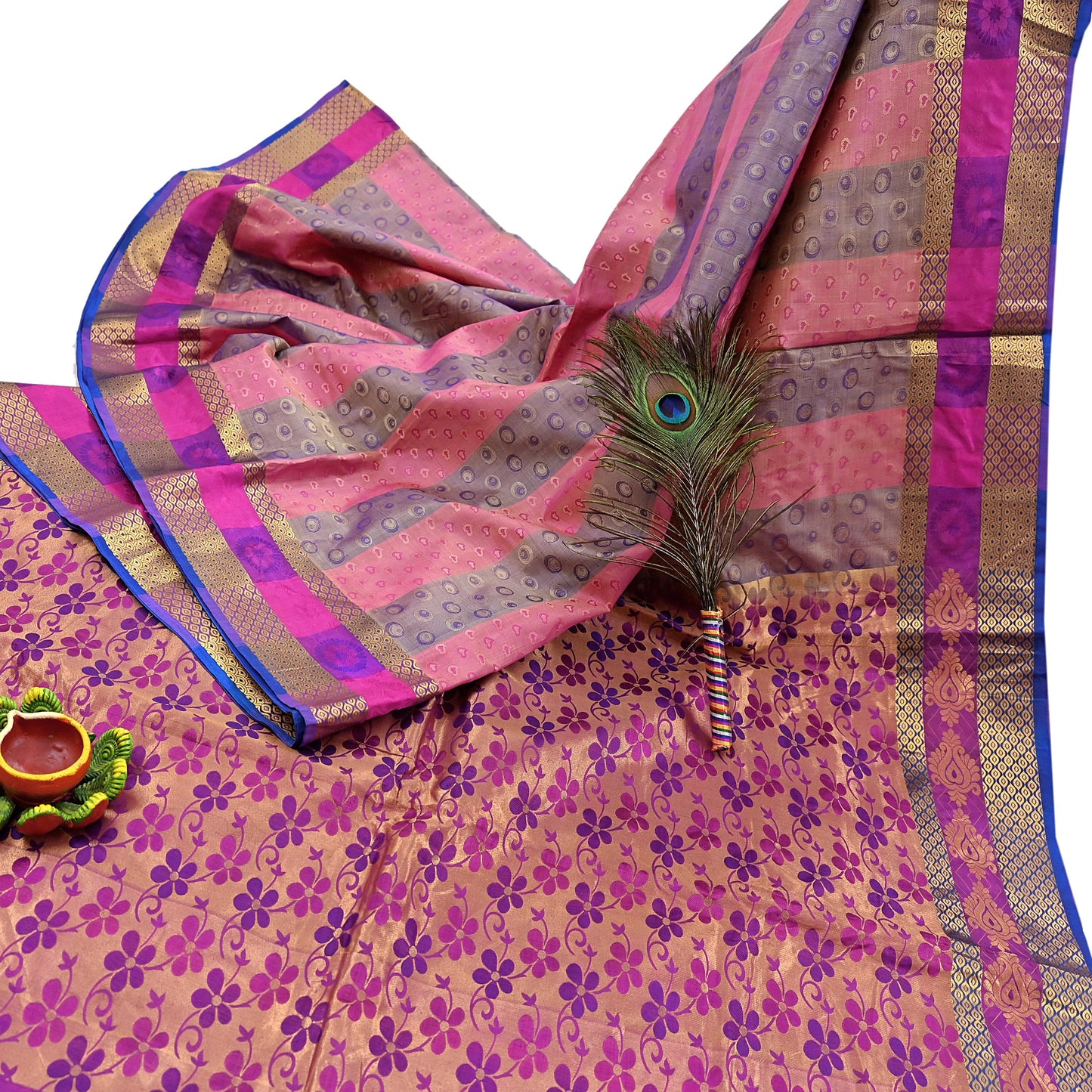 Vintage Kanjivaram Silk Saree Multi Pure Silk Zari Fabric Indian Handwoven 5Yd Craft Material Dressmaking Textile