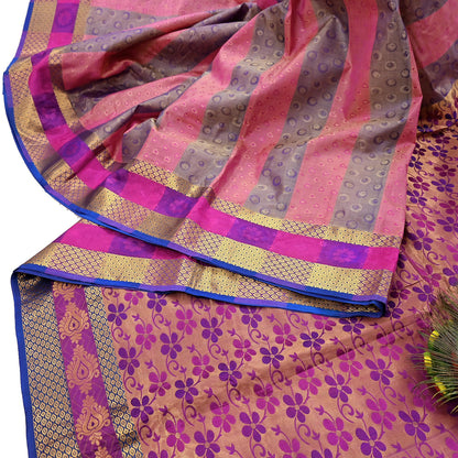 Vintage Kanjivaram Silk Saree Multi Pure Silk Zari Fabric Indian Handwoven 5Yd Craft Material Dressmaking Textile