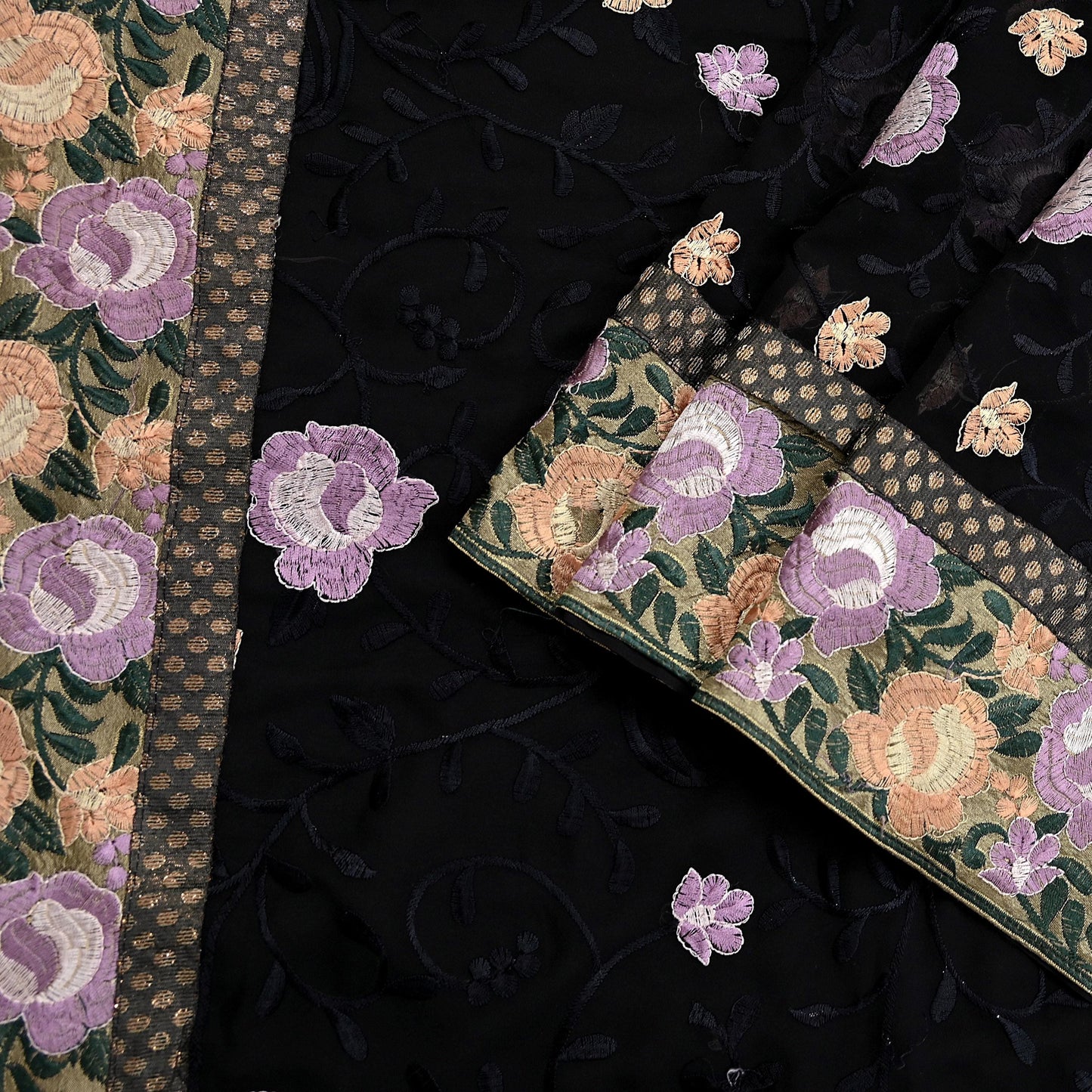 Indian Vintage Sari Black Georgette Embroidered Sarees Craft Fabric 5Yd Sewing Soft Ethnic Dress Making Bridal Saree