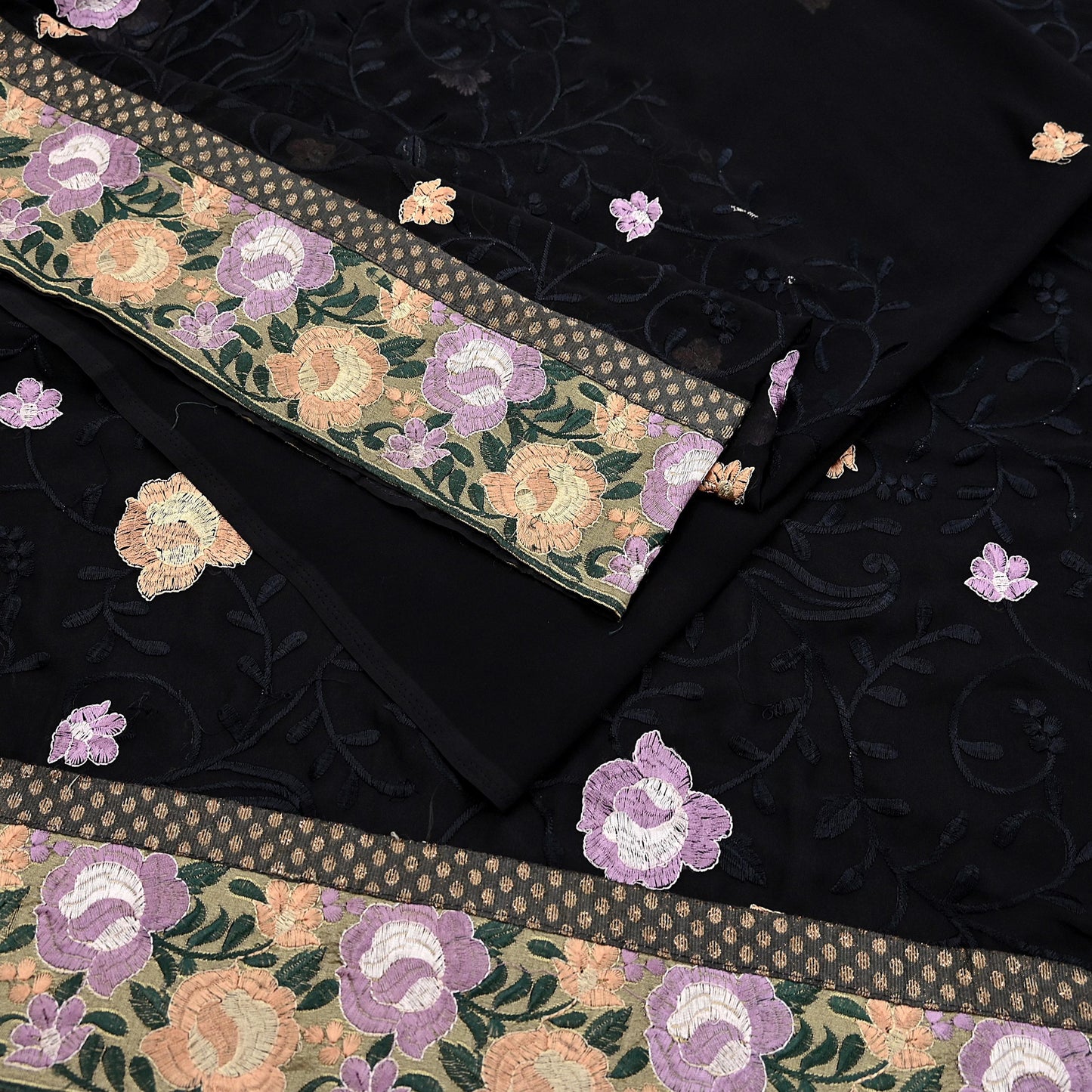 Indian Vintage Sari Black Georgette Embroidered Sarees Craft Fabric 5Yd Sewing Soft Ethnic Dress Making Bridal Saree