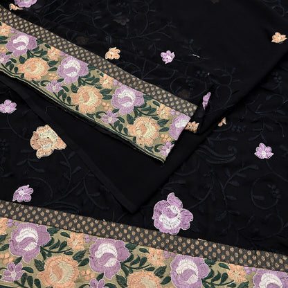 Indian Vintage Sari Black Georgette Embroidered Sarees Craft Fabric 5Yd Sewing Soft Ethnic Dress Making Bridal Saree