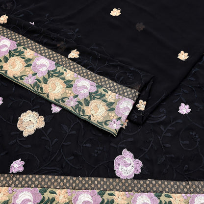 Indian Vintage Sari Black Georgette Embroidered Sarees Craft Fabric 5Yd Sewing Soft Ethnic Dress Making Bridal Saree