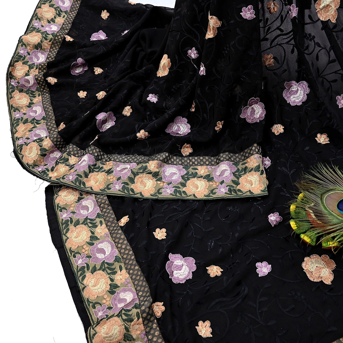 Indian Vintage Sari Black Georgette Embroidered Sarees Craft Fabric 5Yd Sewing Soft Ethnic Dress Making Bridal Saree