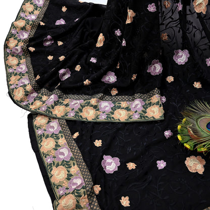 Indian Vintage Sari Black Georgette Embroidered Sarees Craft Fabric 5Yd Sewing Soft Ethnic Dress Making Bridal Saree