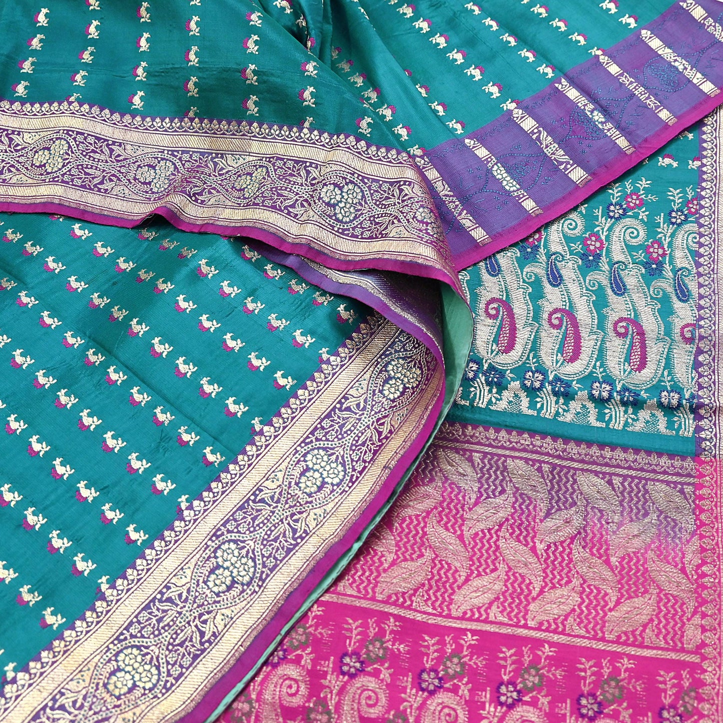 Vintage Banarasi Silk Saree Rani Pink Green Heavy Satin Silk Brocade Fabric Golden Zari Bridal Wedding Crafting 5 Yard