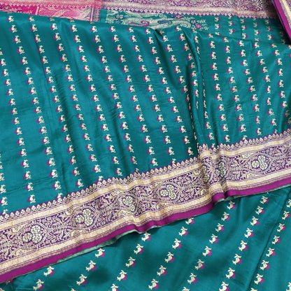 Vintage Banarasi Silk Saree Rani Pink Green Heavy Satin Silk Brocade Fabric Golden Zari Bridal Wedding Crafting 5 Yard