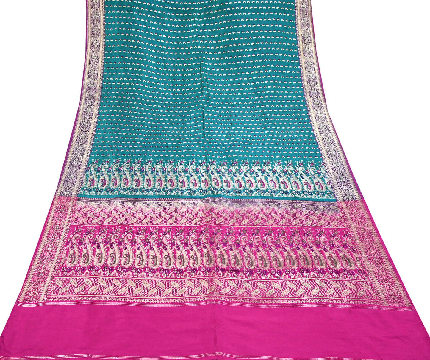 Vintage Banarasi Silk Saree Rani Pink Green Heavy Satin Silk Brocade Fabric Golden Zari Bridal Wedding Crafting 5 Yard