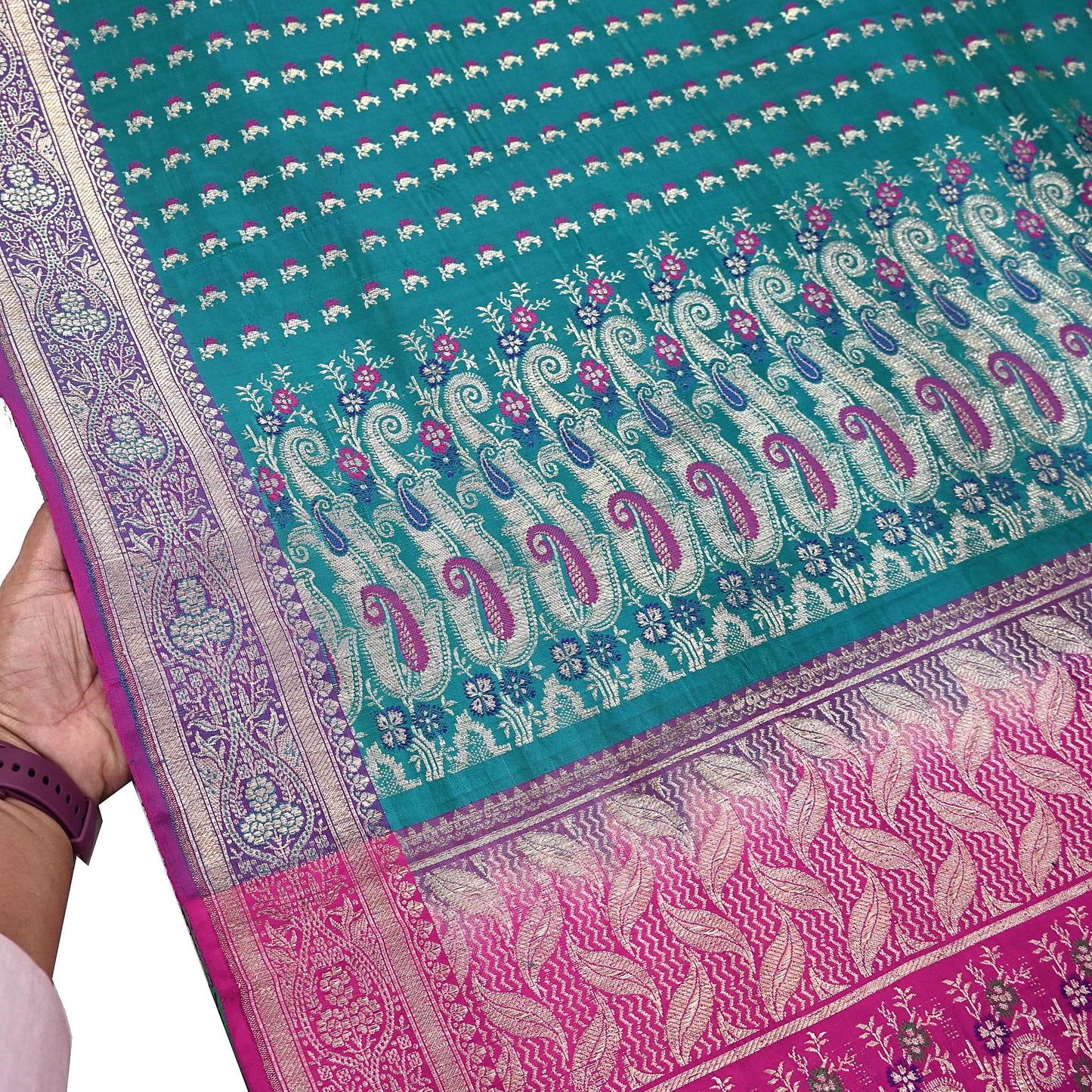 Vintage Banarasi Silk Saree Rani Pink Green Heavy Satin Silk Brocade Fabric Golden Zari Bridal Wedding Crafting 5 Yard
