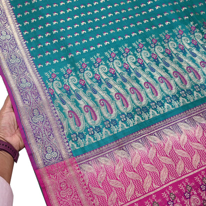 Vintage Banarasi Silk Saree Rani Pink Green Heavy Satin Silk Brocade Fabric Golden Zari Bridal Wedding Crafting 5 Yard