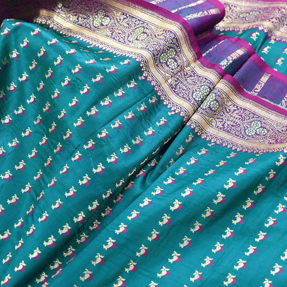 Vintage Banarasi Silk Saree Rani Pink Green Heavy Satin Silk Brocade Fabric Golden Zari Bridal Wedding Crafting 5 Yard