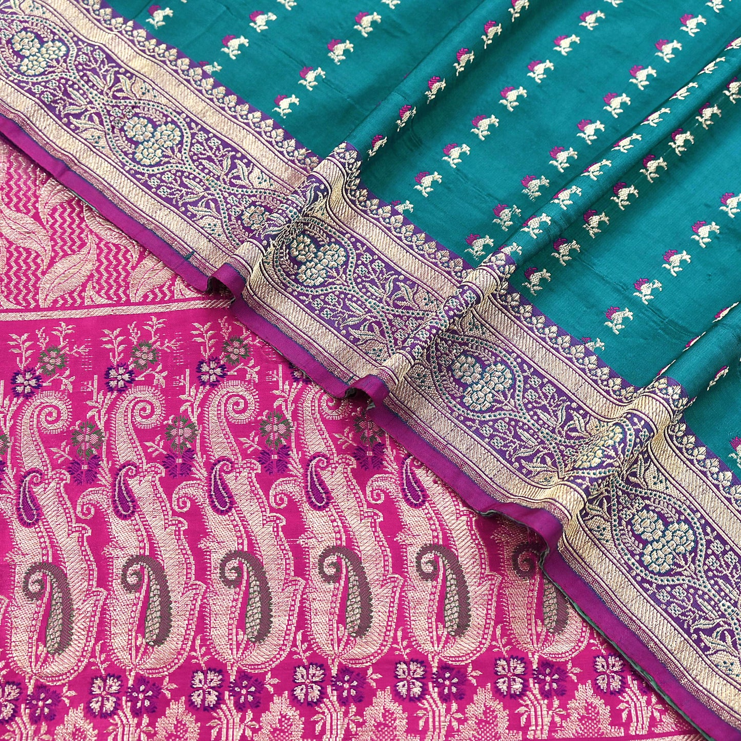 Vintage Banarasi Silk Saree Rani Pink Green Heavy Satin Silk Brocade Fabric Golden Zari Bridal Wedding Crafting 5 Yard