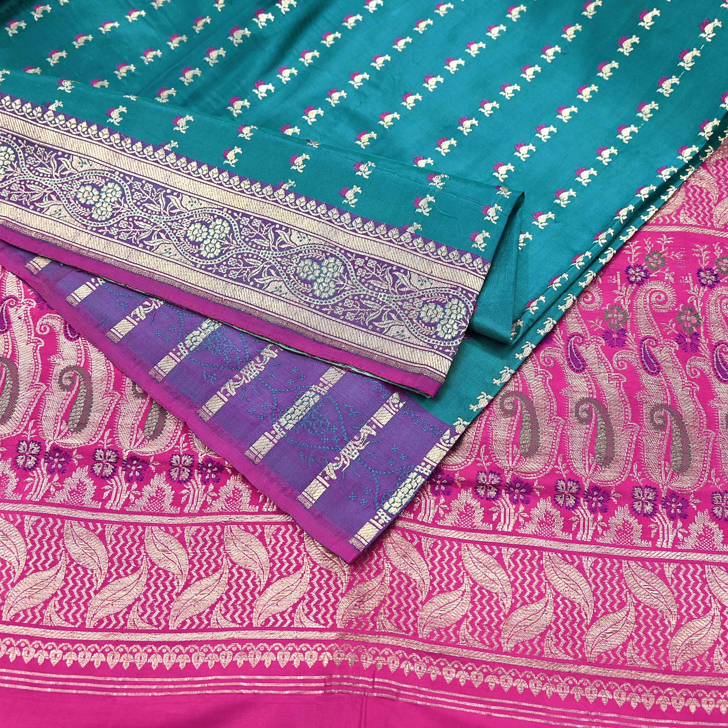 Vintage Banarasi Silk Saree Rani Pink Green Heavy Satin Silk Brocade Fabric Golden Zari Bridal Wedding Crafting 5 Yard