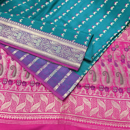 Vintage Banarasi Silk Saree Rani Pink Green Heavy Satin Silk Brocade Fabric Golden Zari Bridal Wedding Crafting 5 Yard