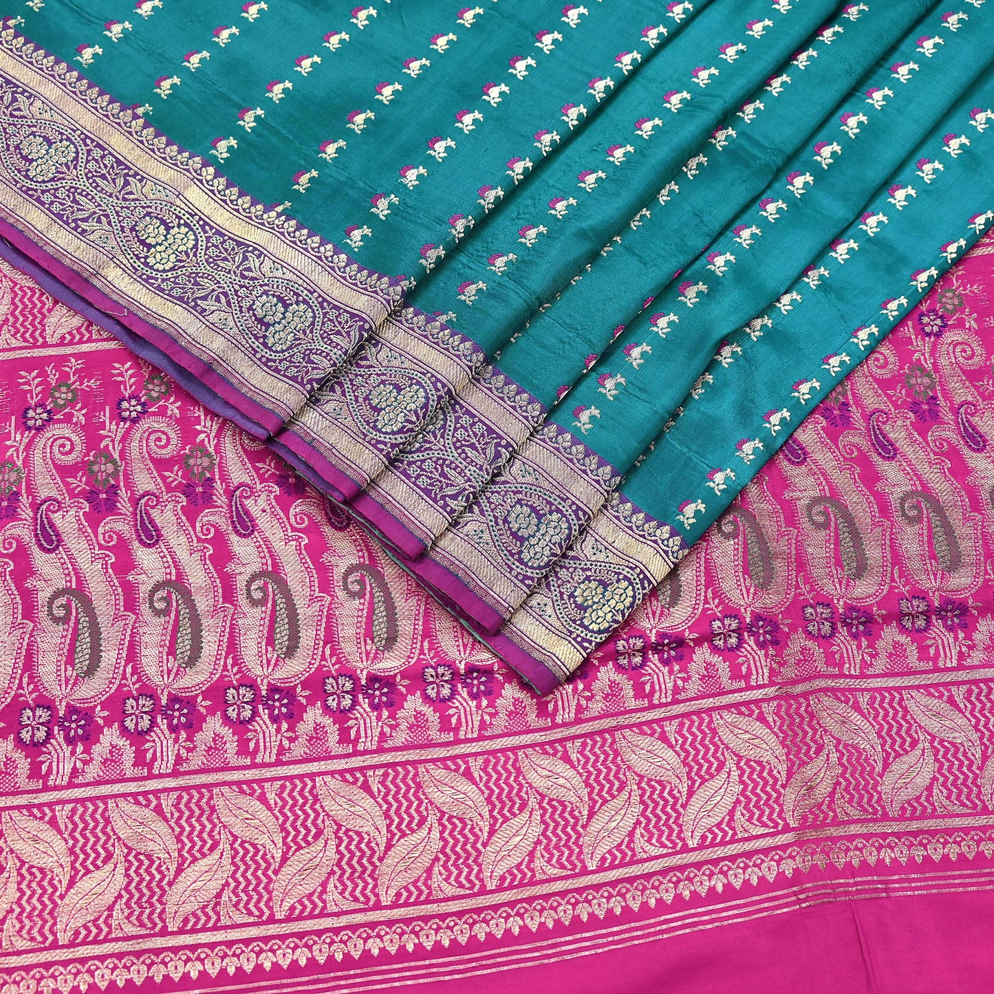 Vintage Banarasi Silk Saree Rani Pink Green Heavy Satin Silk Brocade Fabric Golden Zari Bridal Wedding Crafting 5 Yard