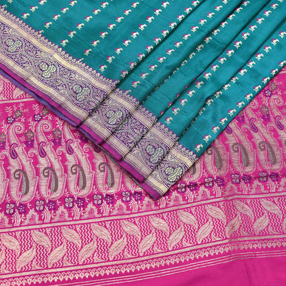 Vintage Banarasi Silk Saree Rani Pink Green Heavy Satin Silk Brocade Fabric Golden Zari Bridal Wedding Crafting 5 Yard