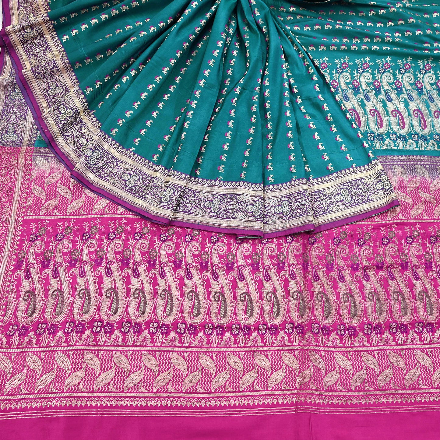 Vintage Banarasi Silk Saree Rani Pink Green Heavy Satin Silk Brocade Fabric Golden Zari Bridal Wedding Crafting 5 Yard