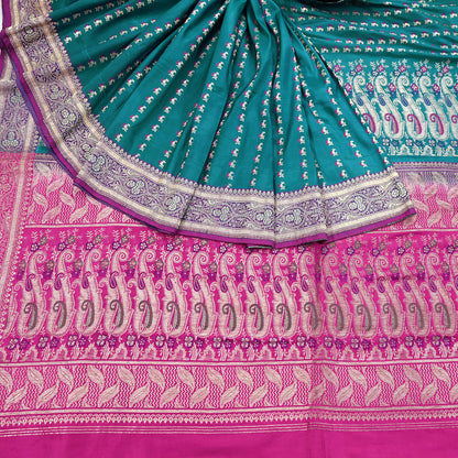 Vintage Banarasi Silk Saree Rani Pink Green Heavy Satin Silk Brocade Fabric Golden Zari Bridal Wedding Crafting 5 Yard