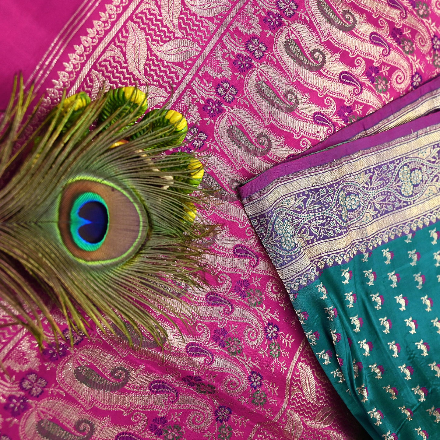 Vintage Banarasi Silk Saree Rani Pink Green Heavy Satin Silk Brocade Fabric Golden Zari Bridal Wedding Crafting 5 Yard