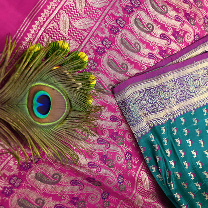 Vintage Banarasi Silk Saree Rani Pink Green Heavy Satin Silk Brocade Fabric Golden Zari Bridal Wedding Crafting 5 Yard
