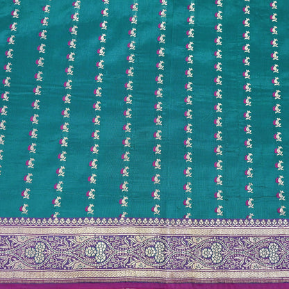 Vintage Banarasi Silk Saree Rani Pink Green Heavy Satin Silk Brocade Fabric Golden Zari Bridal Wedding Crafting 5 Yard