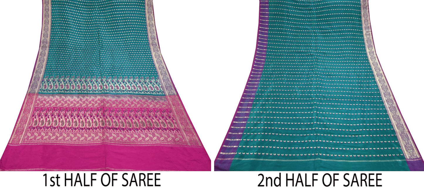 Vintage Banarasi Silk Saree Rani Pink Green Heavy Satin Silk Brocade Fabric Golden Zari Bridal Wedding Crafting 5 Yard