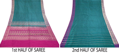 Vintage Banarasi Silk Saree Rani Pink Green Heavy Satin Silk Brocade Fabric Golden Zari Bridal Wedding Crafting 5 Yard