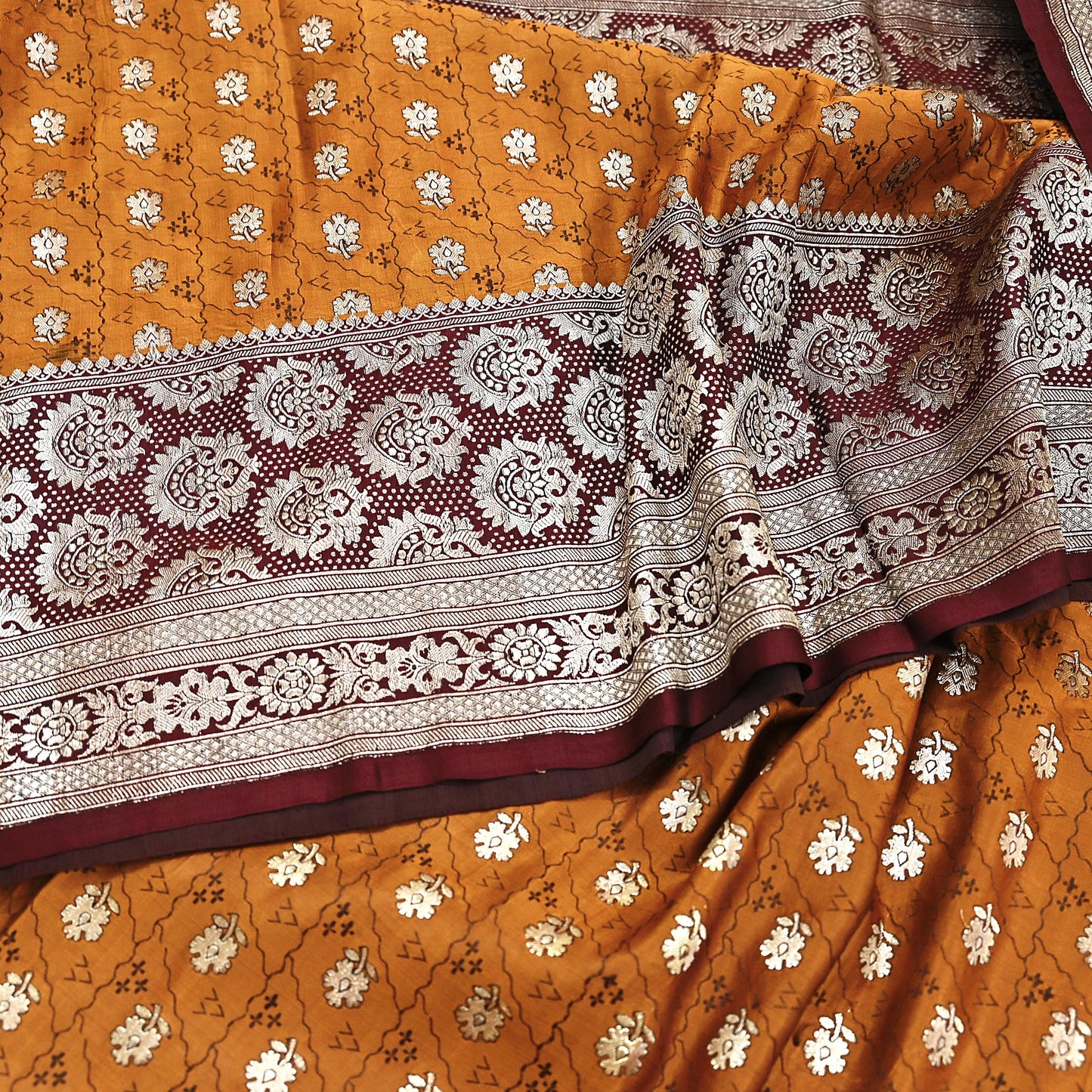 Indian Vintage Sari Brown & Mustard Heavy Pure Satin Silk Woven Banarasi Tanchoi Saree 5Yd Ethnic Craft Fabric Upcycle Bridal Heavy Sarees