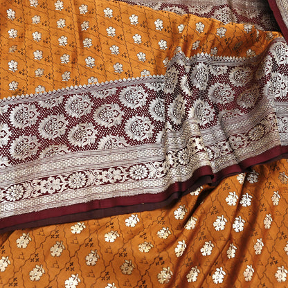 Indian Vintage Sari Brown & Mustard Heavy Pure Satin Silk Woven Banarasi Tanchoi Saree 5Yd Ethnic Craft Fabric Upcycle Bridal Heavy Sarees