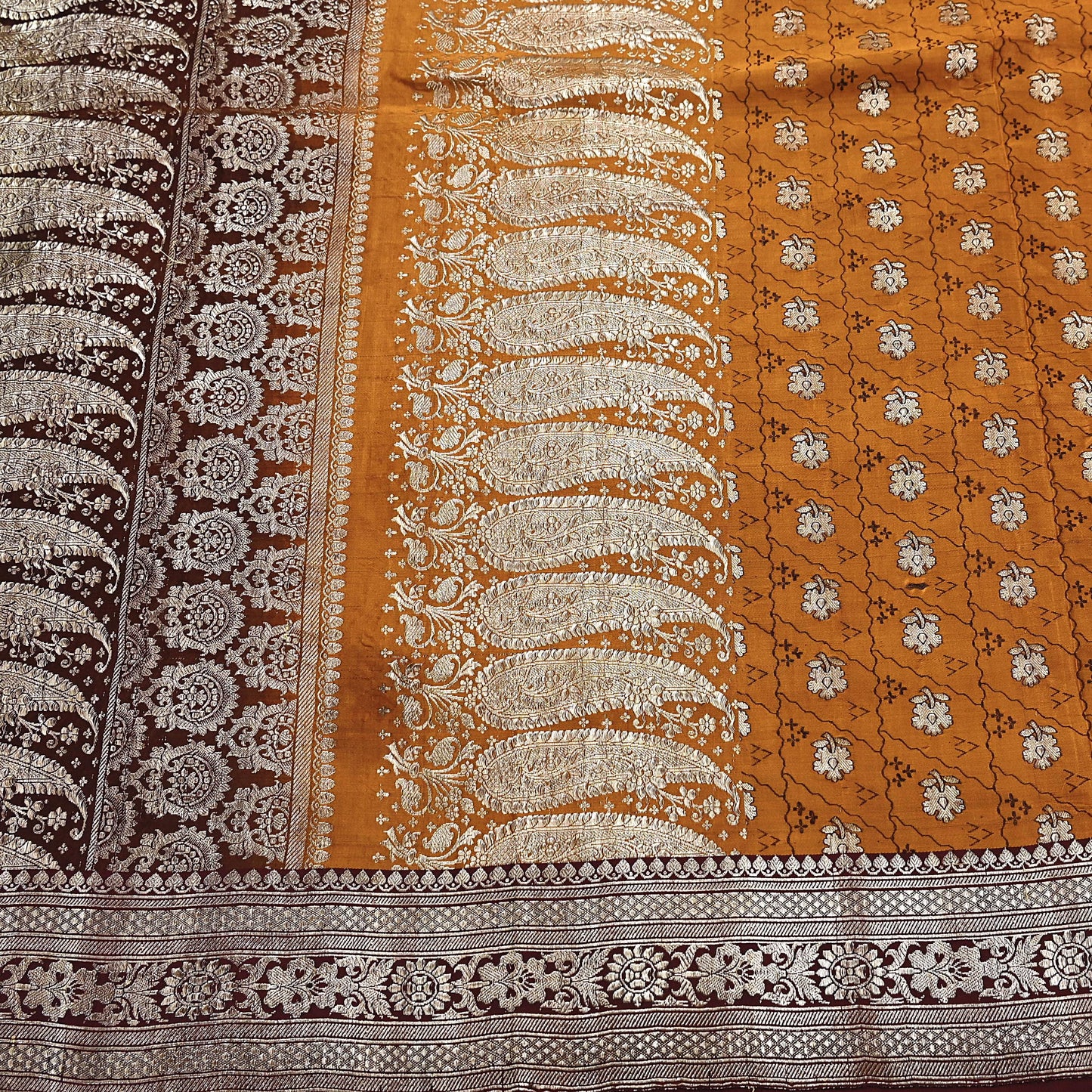 Indian Vintage Sari Brown & Mustard Heavy Pure Satin Silk Woven Banarasi Tanchoi Saree 5Yd Ethnic Craft Fabric Upcycle Bridal Heavy Sarees