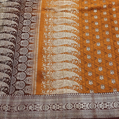 Indian Vintage Sari Brown & Mustard Heavy Pure Satin Silk Woven Banarasi Tanchoi Saree 5Yd Ethnic Craft Fabric Upcycle Bridal Heavy Sarees