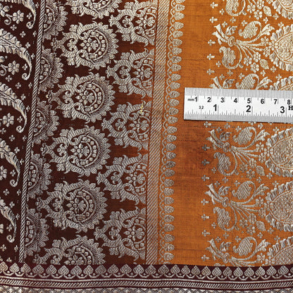 Indian Vintage Sari Brown & Mustard Heavy Pure Satin Silk Woven Banarasi Tanchoi Saree 5Yd Ethnic Craft Fabric Upcycle Bridal Heavy Sarees