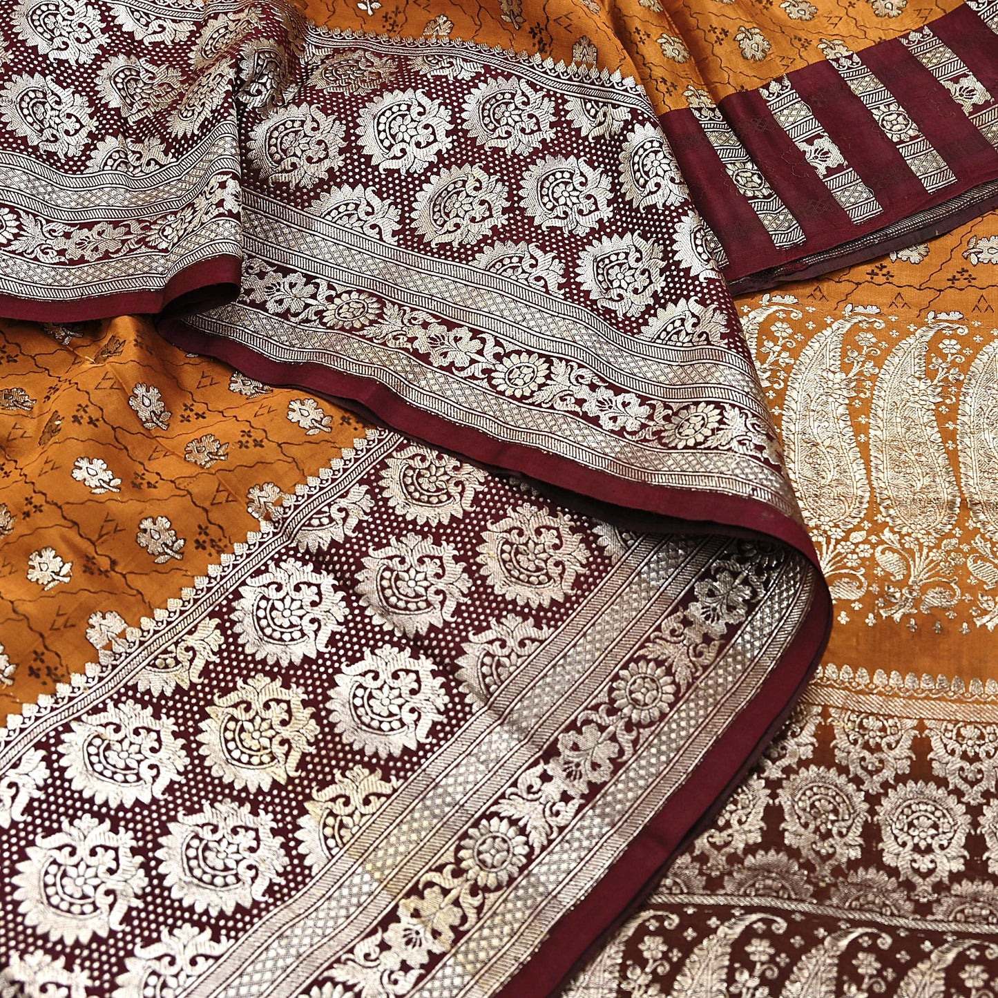 Indian Vintage Sari Brown & Mustard Heavy Pure Satin Silk Woven Banarasi Tanchoi Saree 5Yd Ethnic Craft Fabric Upcycle Bridal Heavy Sarees