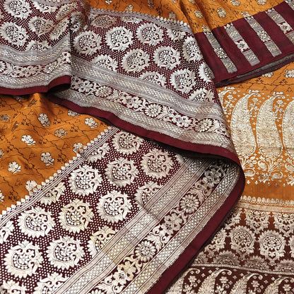 Indian Vintage Sari Brown & Mustard Heavy Pure Satin Silk Woven Banarasi Tanchoi Saree 5Yd Ethnic Craft Fabric Upcycle Bridal Heavy Sarees