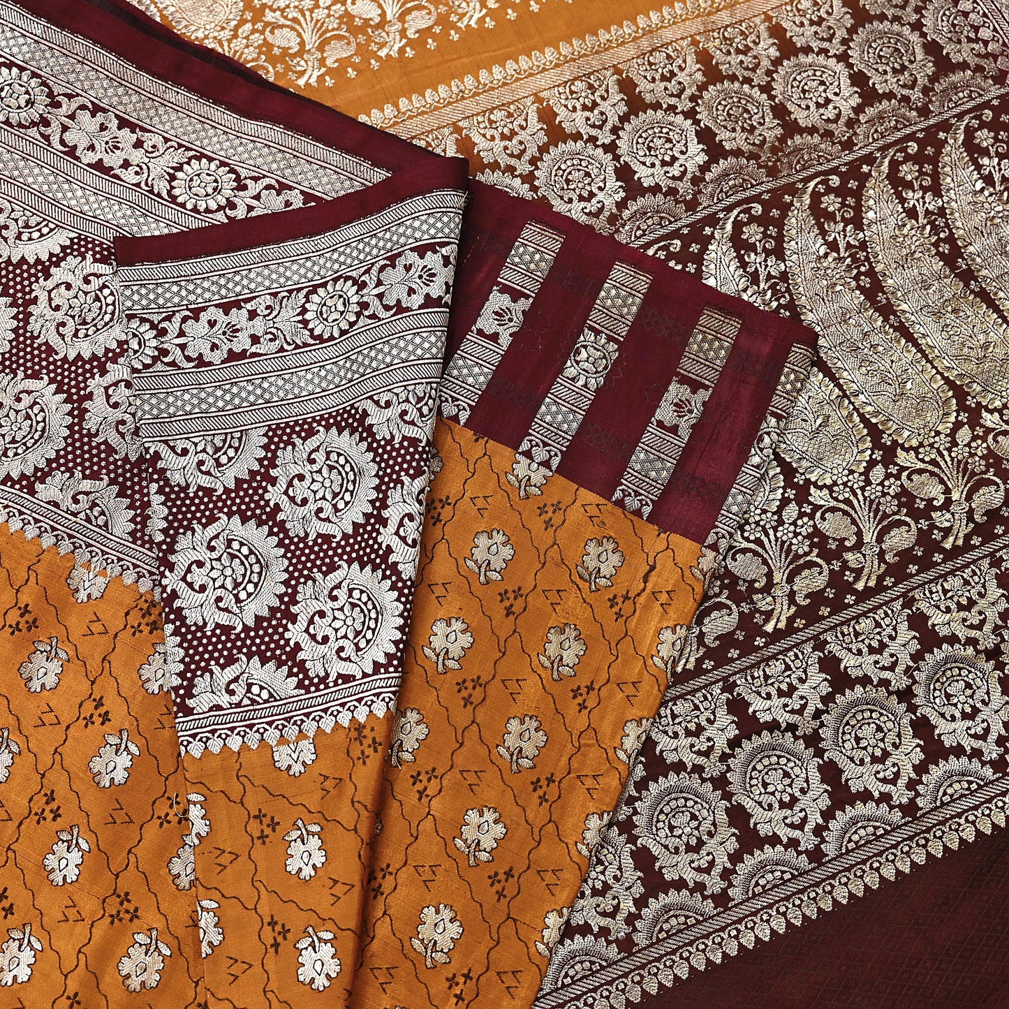 Indian Vintage Sari Brown & Mustard Heavy Pure Satin Silk Woven Banarasi Tanchoi Saree 5Yd Ethnic Craft Fabric Upcycle Bridal Heavy Sarees