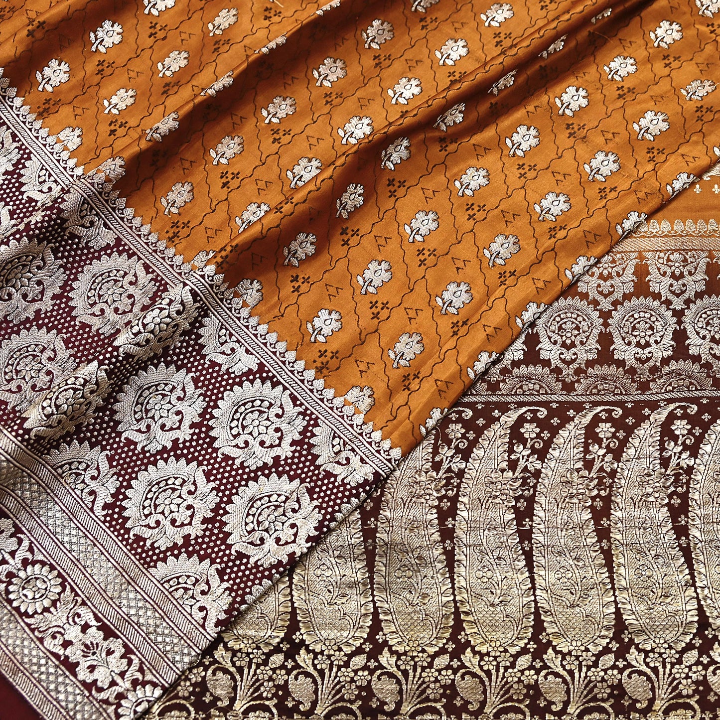 Indian Vintage Sari Brown & Mustard Heavy Pure Satin Silk Woven Banarasi Tanchoi Saree 5Yd Ethnic Craft Fabric Upcycle Bridal Heavy Sarees