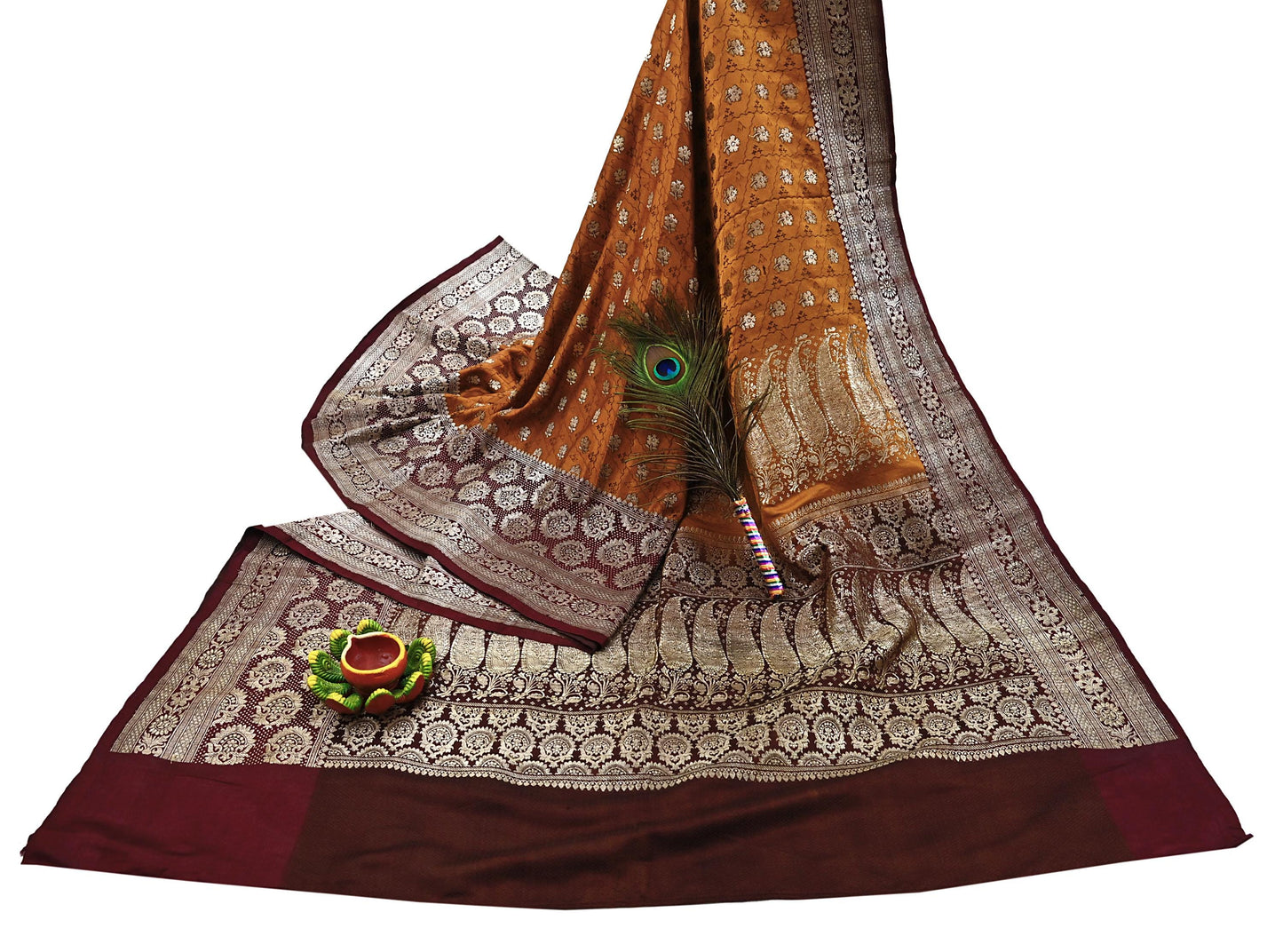 Indian Vintage Sari Brown & Mustard Heavy Pure Satin Silk Woven Banarasi Tanchoi Saree 5Yd Ethnic Craft Fabric Upcycle Bridal Heavy Sarees