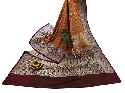 Indian Vintage Sari Brown & Mustard Heavy Pure Satin Silk Woven Banarasi Tanchoi Saree 5Yd Ethnic Craft Fabric Upcycle Bridal Heavy Sarees