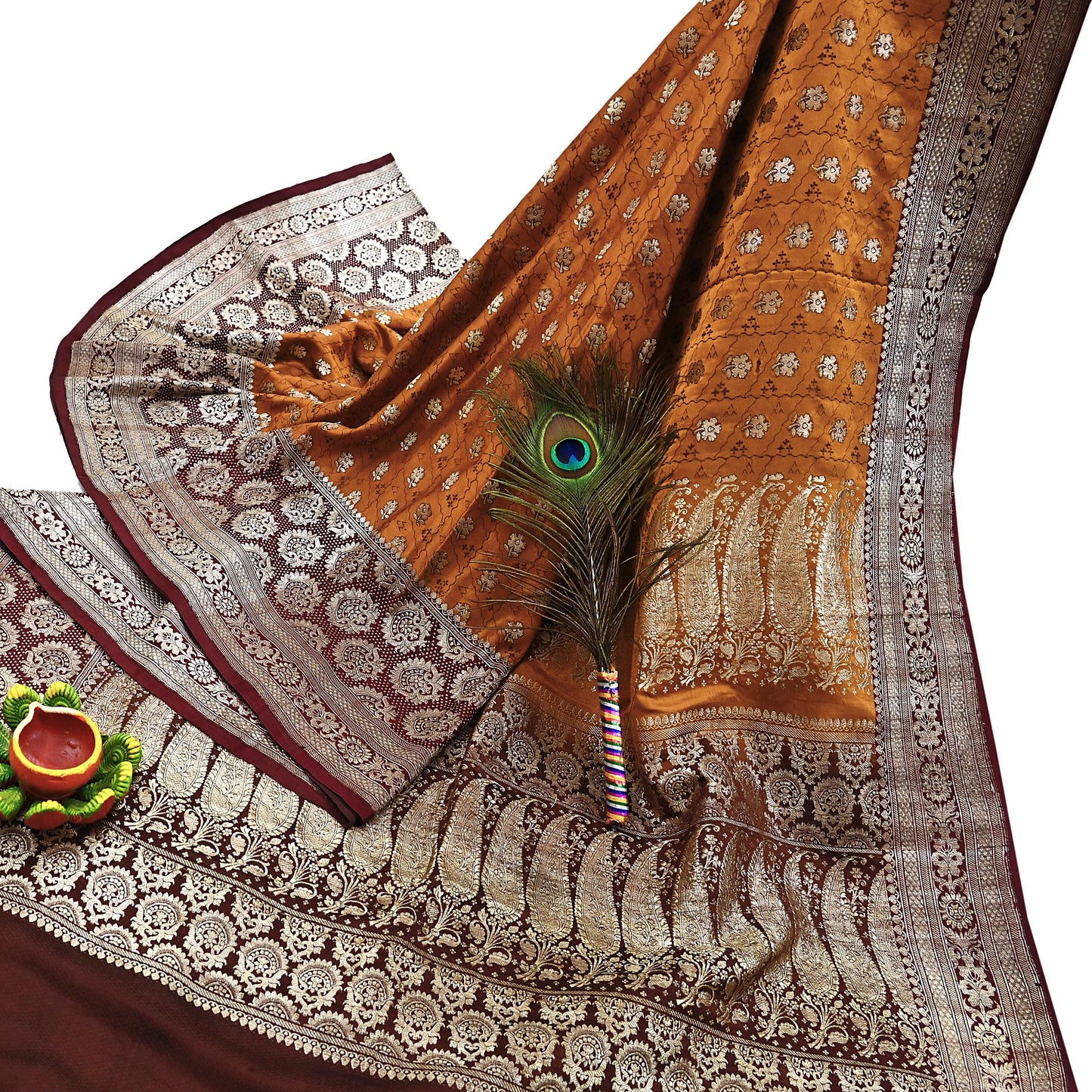 Indian Vintage Sari Brown & Mustard Heavy Pure Satin Silk Woven Banarasi Tanchoi Saree 5Yd Ethnic Craft Fabric Upcycle Bridal Heavy Sarees